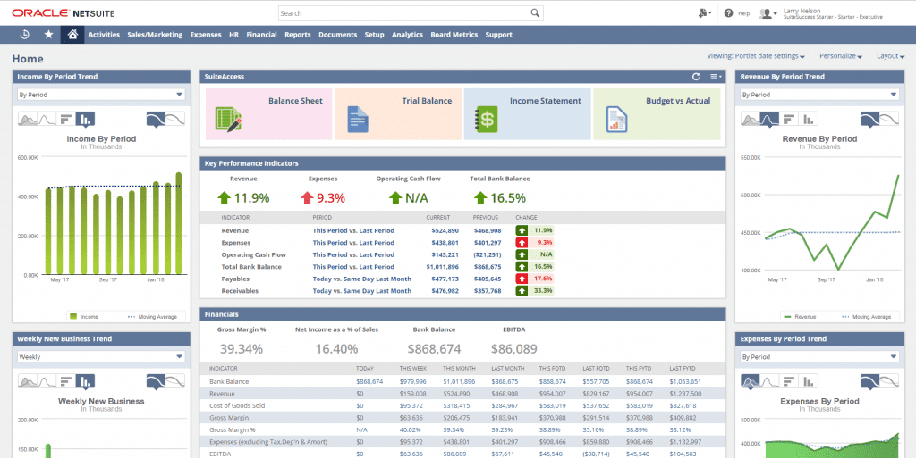 Oracle NetSuite-dashboard med rapporter, nyckeltal och realtidsdata för ekonomi, försäljning och verksamhetsstyrning.