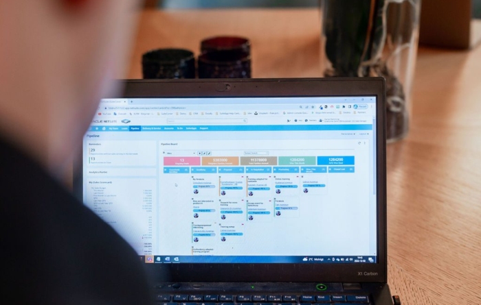 Kanban Board i NetSuite som visualiserar säljpipeline, ärendestatus och KPI:er för effektiv processhantering.