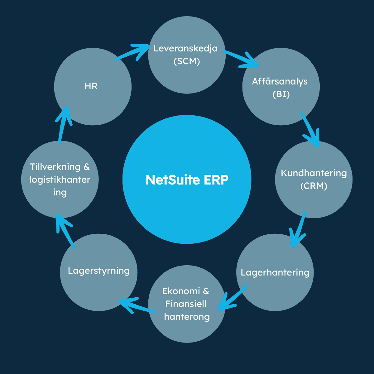 NetSuite innehåller många funktioner och tillägg, men dessa åtta moduler är grunden som gör systemet komplett.