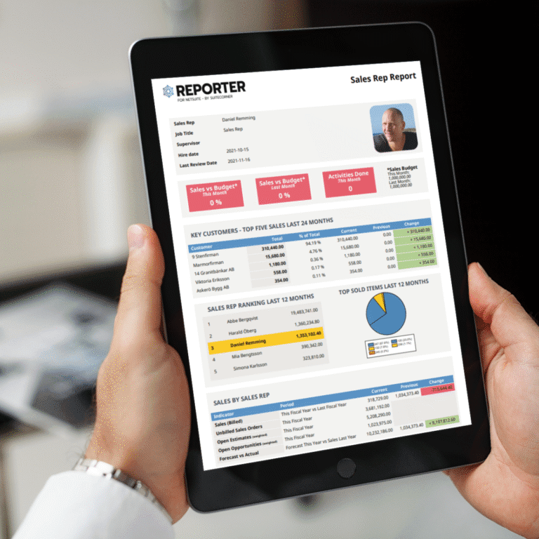REPORTER for NetSuite gör rapportering enkel. Bygg egna PDF-rapporter, schemalägg utskick och se all data direkt i din NetSuite-dashboard.