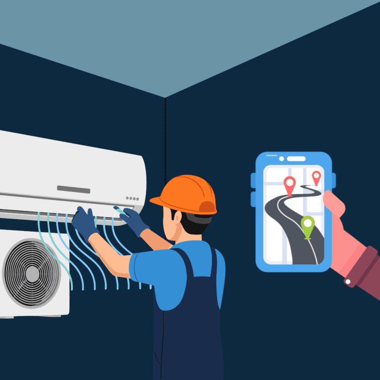 Fälttekniker installerar AC medan navigationsapp används – illustration av NetSuite FSM i praktiken