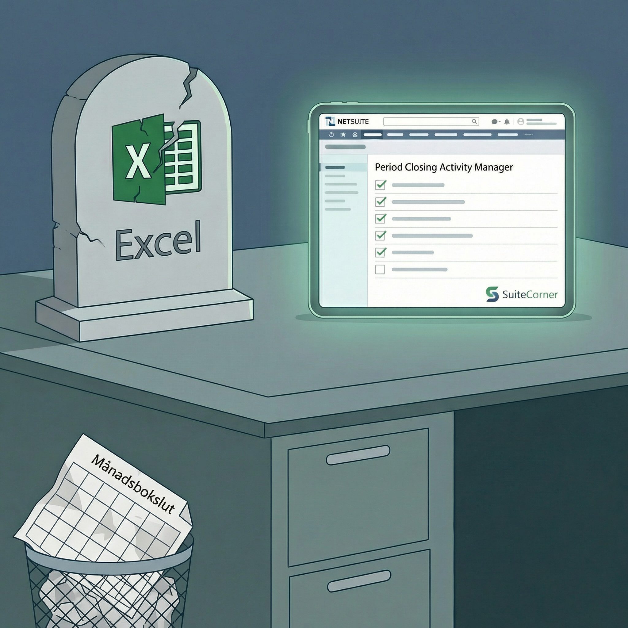 Ekonomiavdelning som arbetar med bokslut och periodstängning i NetSuite istället för manuella Excel-listor och checklistor.