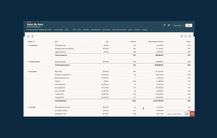 Gränssnitt i NetSuite Next där Ask Oracle används för att analysera data och navigera i affärssystemet med naturligt språk.