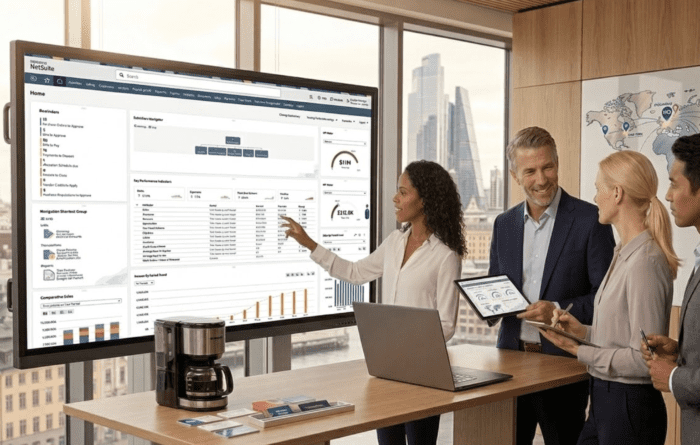 Team på ett SaaS-företag analyserar KPI-dashboards för abonnemangsmodeller och återkommande intäkter i NetSuite affärssystem. Bilden visar en stor skärm med finansiell data, en whiteboard med en global karta och en modern kontorsmiljö i Stockholm.