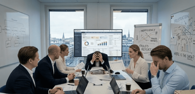Frustrerat team som arbetar med flera system och manuella processer på kontoret.