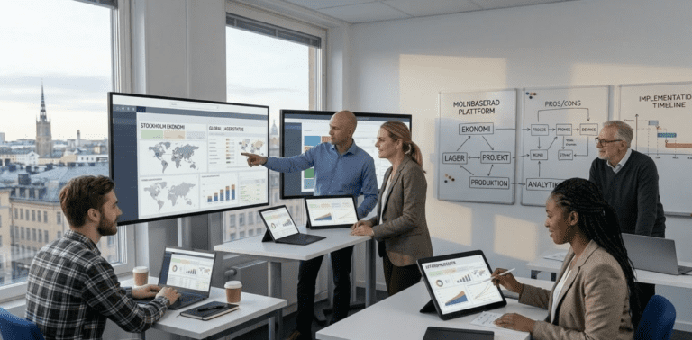 Illustration av ett molnbaserat affärssystem där företagets data och affärsprocesser hanteras i en cloud ERP-plattform.