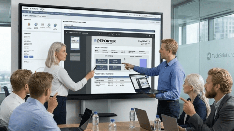 Företagsteam som använder Reporter for NetSuite för rapportering, analys och visualisering av data i affärssystemet.