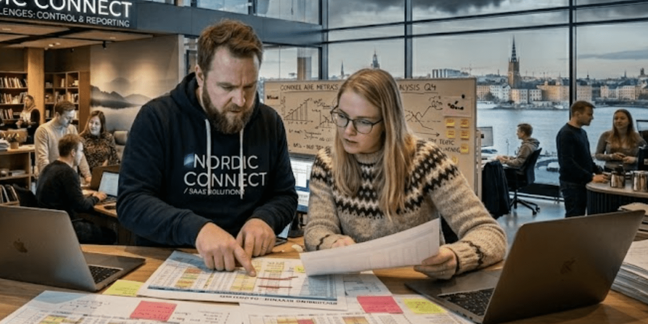 Chefer på SaaS-bolag som granskar manuella rapporter i kalkylblad och diskuterar finansiell uppföljning.