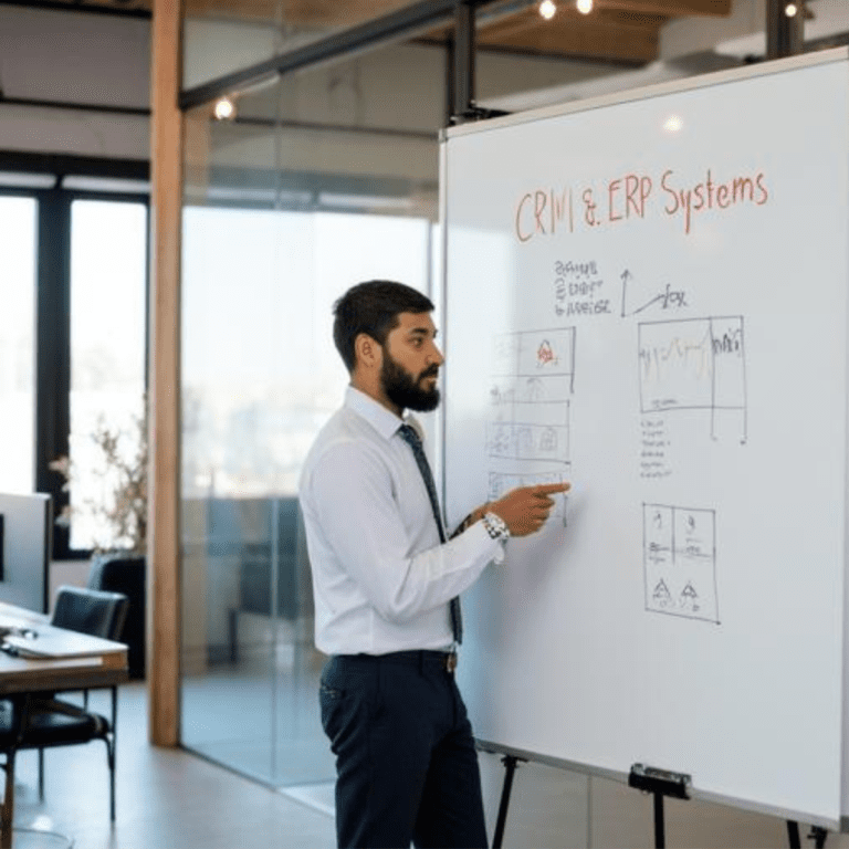 Illustration som visar skillnaden mellan ERP och CRM i ett affärssystem, med fokus på ekonomi, lagerhantering, försäljning och kunddata.