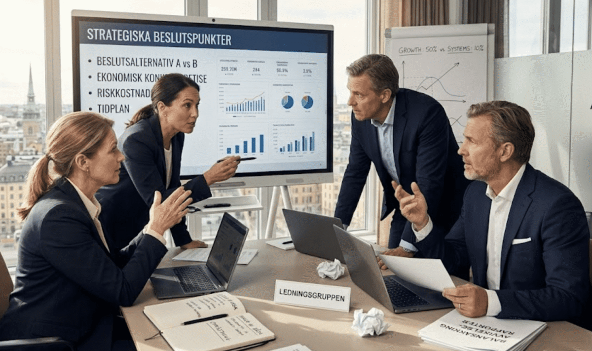 Företagsledare som jämför affärssystem i möte.