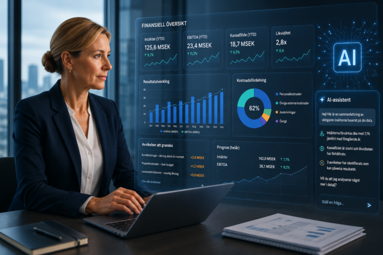 CFO som arbetar framför en AI-driven dashboard med ekonomiska nyckeltal, prognoser och analyser i ett modernt ERP-system.