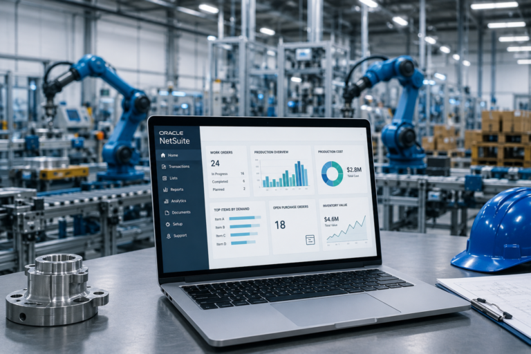 NetSuite för tillverkande företag med produktionsplanering, lagerstyrning och tillverkningsprocesser i en modern fabriksmiljö.
