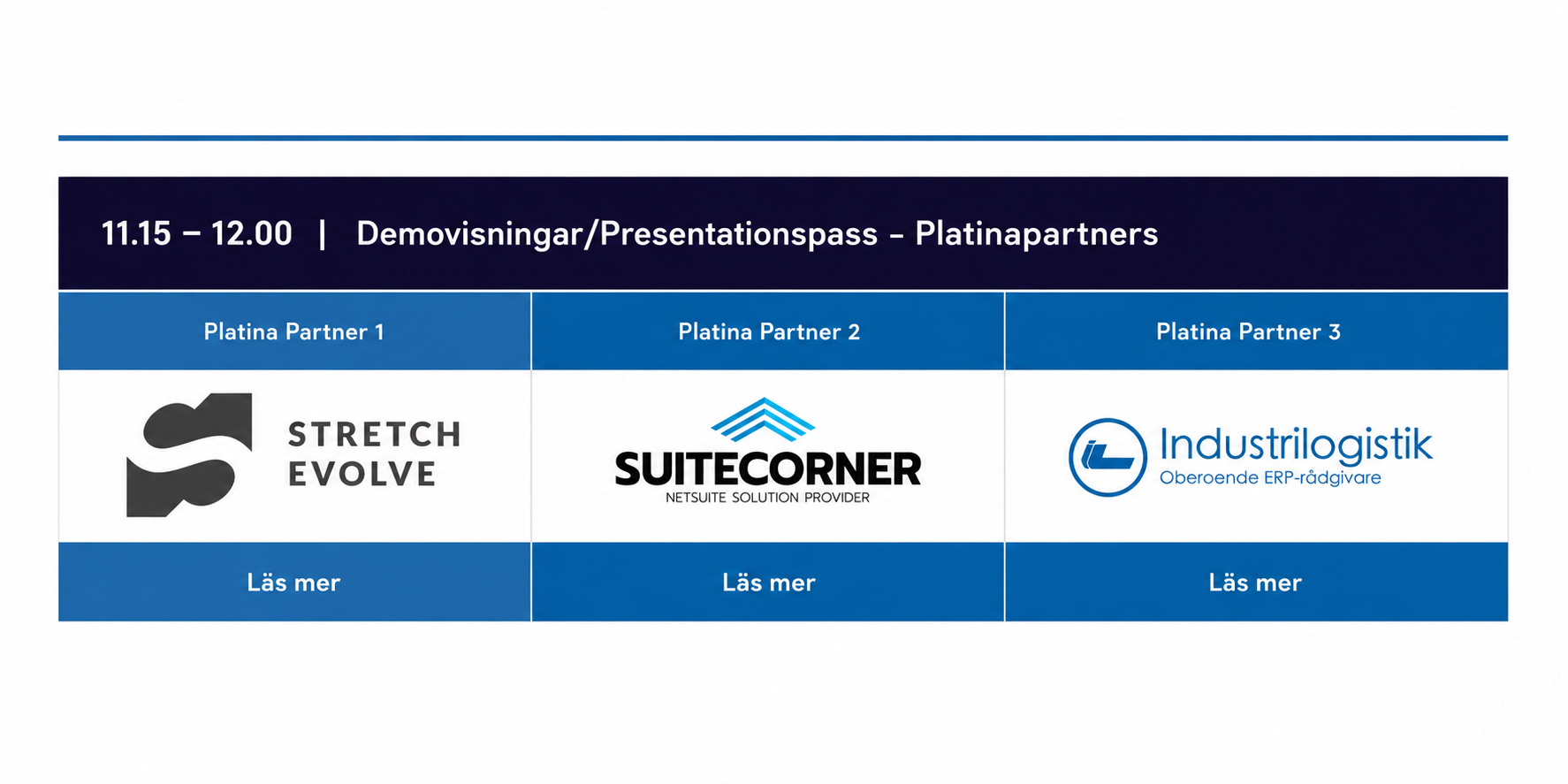 Översikt över demovisningar och presentationspass på Affärssystemsmässan 2026 med SuiteCorner som platina-partner tillsammans med aktörer inom ERP och logistik.