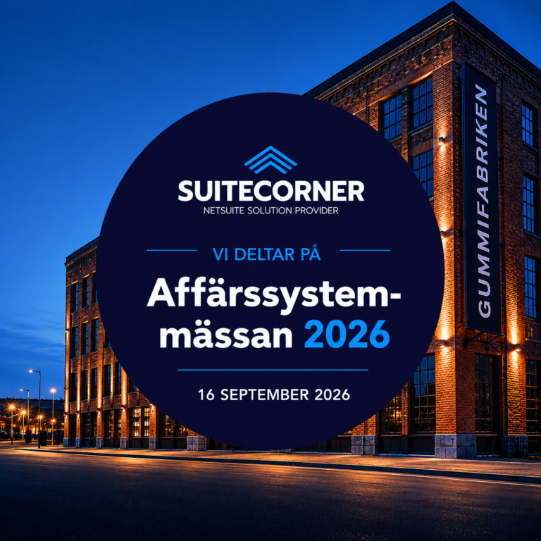 Grafisk eventbild för Affärssystemmässan 2026 där SuiteCorner deltar som NetSuite Solution Provider. Bilden visar Gummifabriken i Värnamo med en mörkblå cirkel i centrum med eventinformation och datumet 16 september 2026.