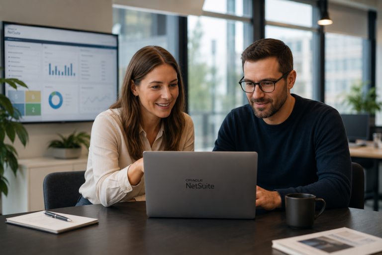 Två personer sitter tillsammans framför en laptop med NetSuite och går igenom data och affärsprocesser i en modern kontorsmiljö.