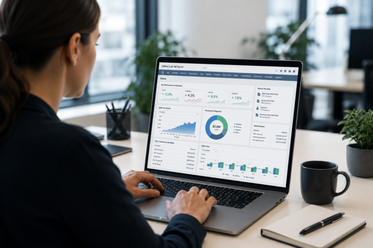 Person arbetar i Oracle NetSuite och analyserar ekonomi, rapportering och nyckeltal i det molnbaserade affärssystemet.