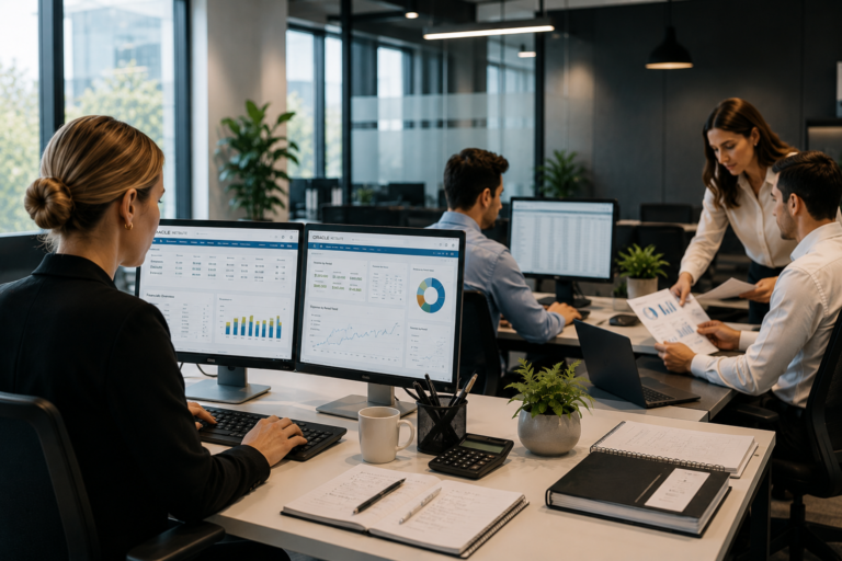 Ekonomiavdelning som arbetar i Oracle NetSuite med dashboards, rapportering och ekonomisk analys i ett modernt kontorslandskap.