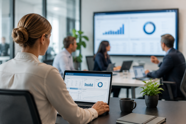 Medarbetare arbetar i Oracle NetSuite under ett möte med dashboards, rapportering och ekonomisk analys i en modern kontorsmiljö.