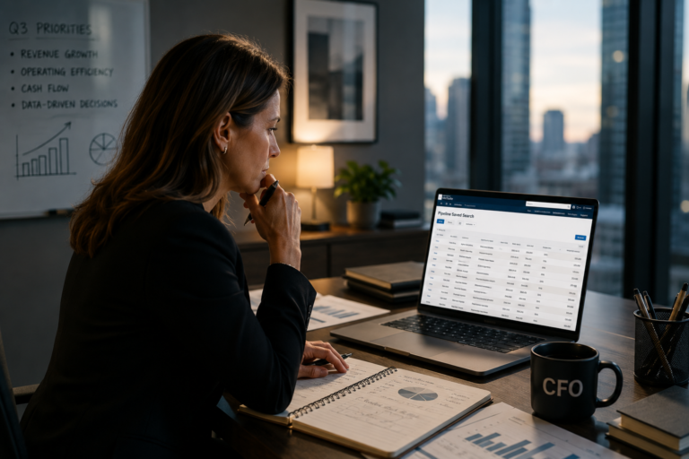 Ekonomichef analyserar affärsdata i Oracle NetSuite med hjälp av sparade sökningar och rapportering på en bärbar dator.