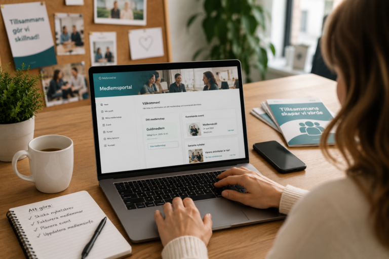 Person arbetar i ett medlemssystem med medlemsregister, CRM, medlemsavgifter och eventhantering i ett modernt affärssystem för medlemsorganisationer.