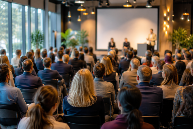 Deltagare på ett event för en medlemsorganisation där medlemmar deltar i en föreläsning eller utbildning i en modern konferensmiljö.