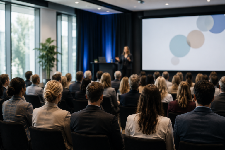Konferens med deltagare från en medlemsorganisation som lyssnar på en föreläsning under ett professionellt event i en modern konferensmiljö.
