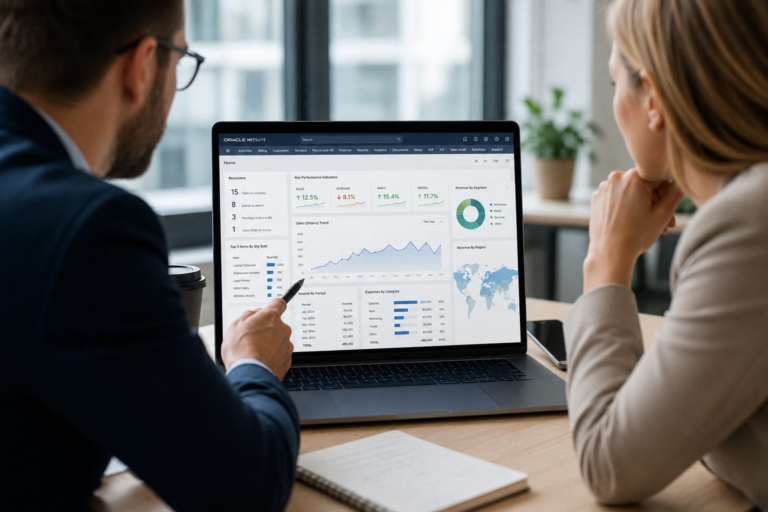 Företag utvärderar ett affärssystem med funktioner för ekonomi, CRM, rapportering och verksamhetsstyrning inför val av ERP-system.