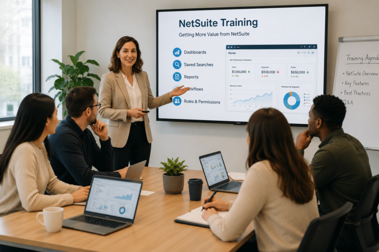 A team attends a NetSuite training session where an instructor presents Oracle NetSuite on a large screen during a workshop in a modern conference room.