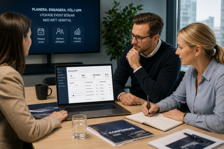 Projektgrupp planerar ett företagsevent med hjälp av ett modernt eventsystem för eventhantering, deltagarhantering och effektiv administration.