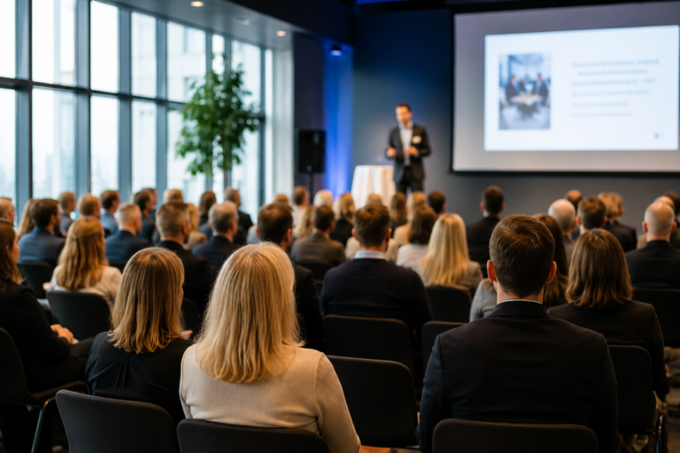 Deltagare lyssnar på en föreläsning under ett företagsevent med fokus på konferens, eventhantering och professionell kunskapsdelning.