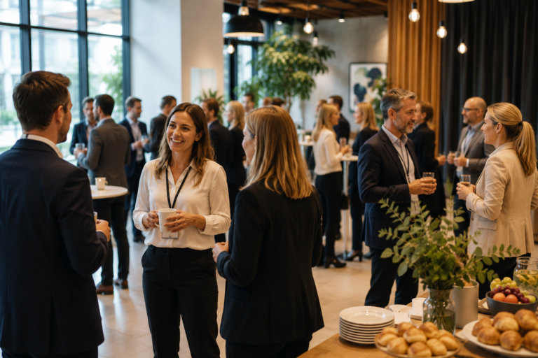 Deltagare minglar och nätverkar under ett modernt företagsevent i en ljus konferensmiljö.
