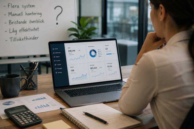 Person analyserar affärsdata i ett affärssystem för att utvärdera om företagets nuvarande system stödjer fortsatt tillväxt och effektivitet.