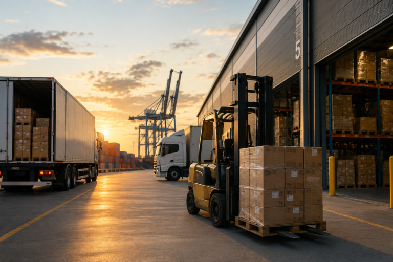 Distribution warehouse with forklift, pallets and trucks illustrating ERP for distribution and logistics.