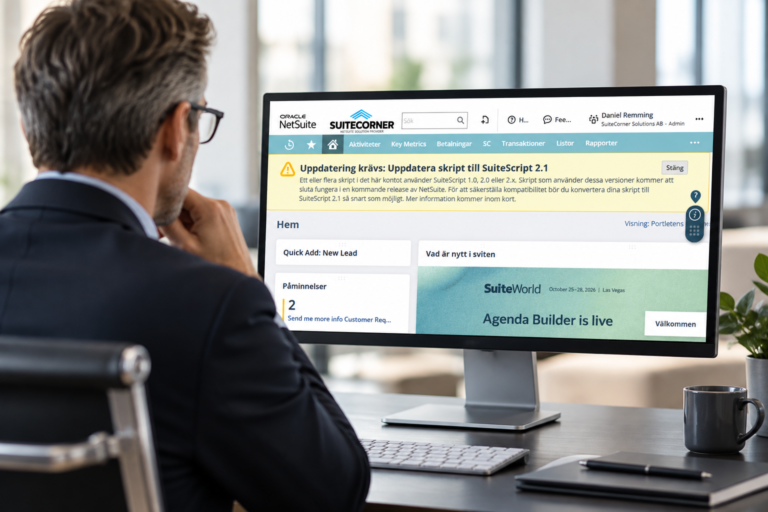 Beslutsfattare framför NetSuite med meddelande om uppdatering till SuiteScript 2.1.