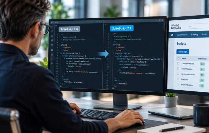 NetSuite-utvecklare uppgraderar kod från SuiteScript 2.0 till SuiteScript 2.1.