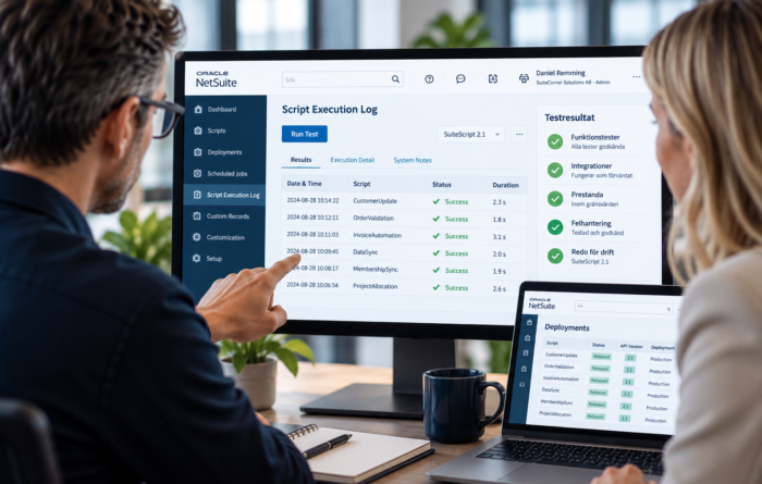 Två personer granskar testresultat i NetSuite efter uppgradering av skript till SuiteScript 2.1.