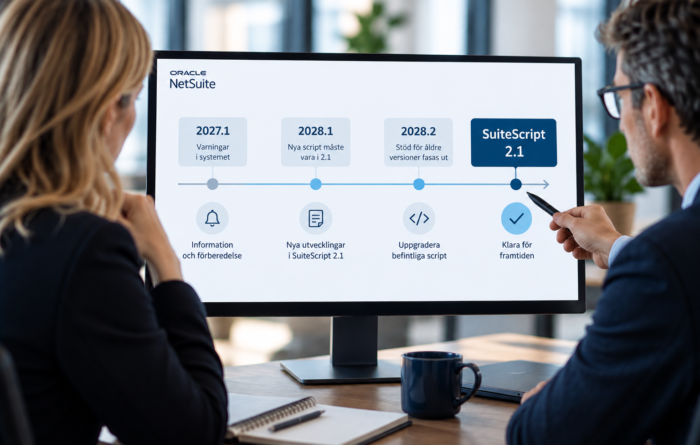 Två personer går igenom tidslinjen för NetSuites övergång till SuiteScript 2.1 under 2027 och 2028.