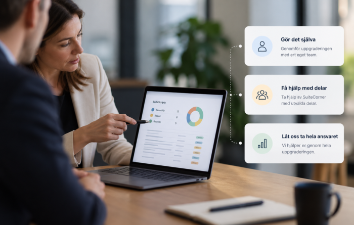 Kund och NetSuite-konsult går igenom olika alternativ för hjälp med uppgradering till SuiteScript 2.1.