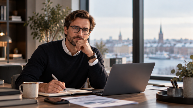 Ekonomichef arbetar med planering inför 2027 vid en laptop på ett kontor med vinterlandskap utanför fönstret.